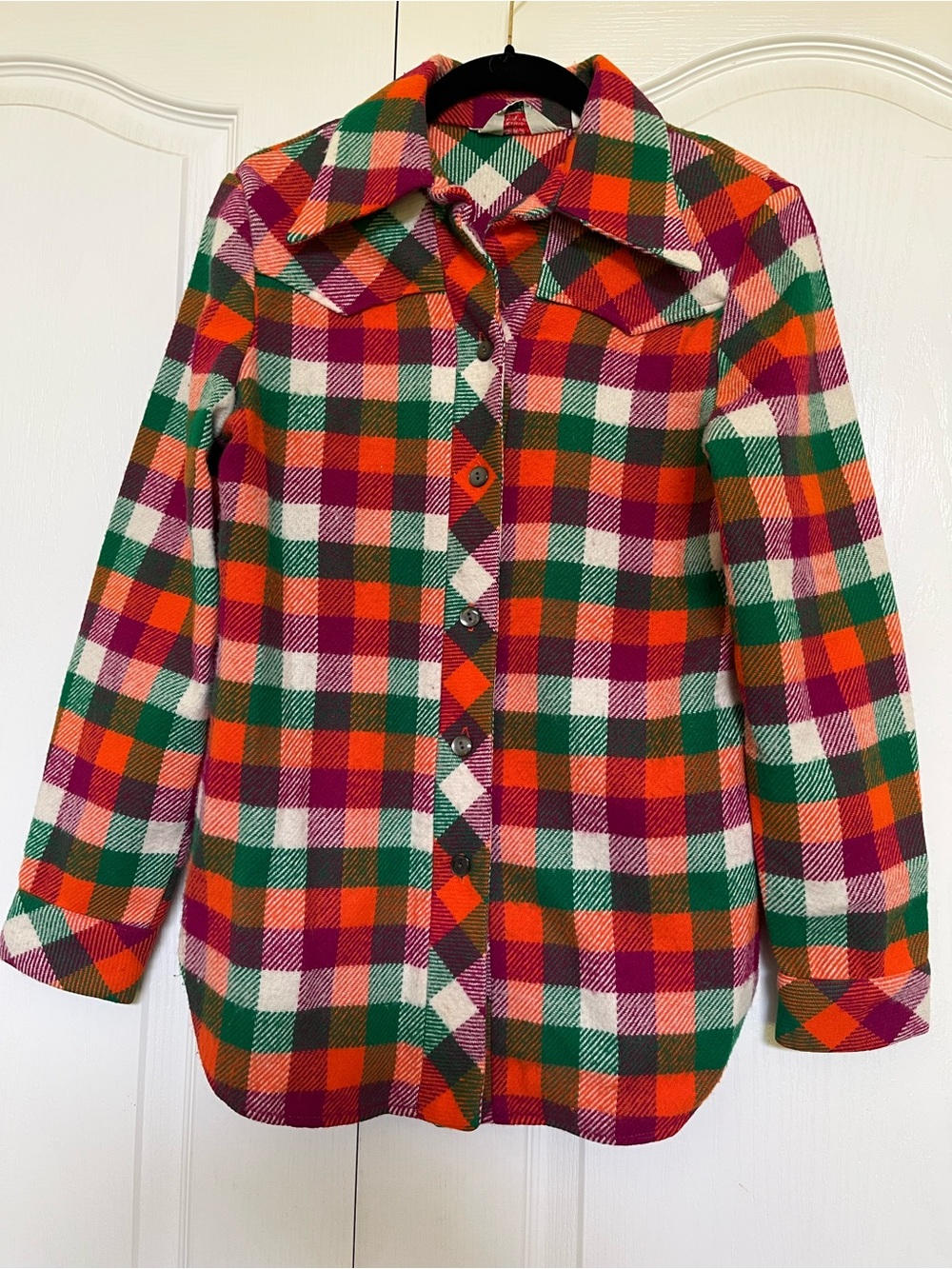 Women Plaid Button-Down Shirt in Orange, Green & Pink